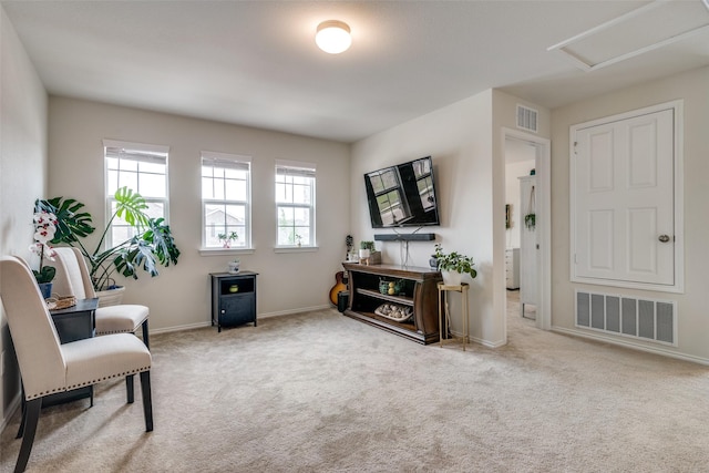 sitting room featuring light carpet