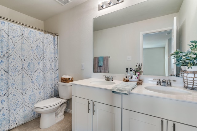 bathroom with tile patterned flooring, vanity, toilet, and walk in shower