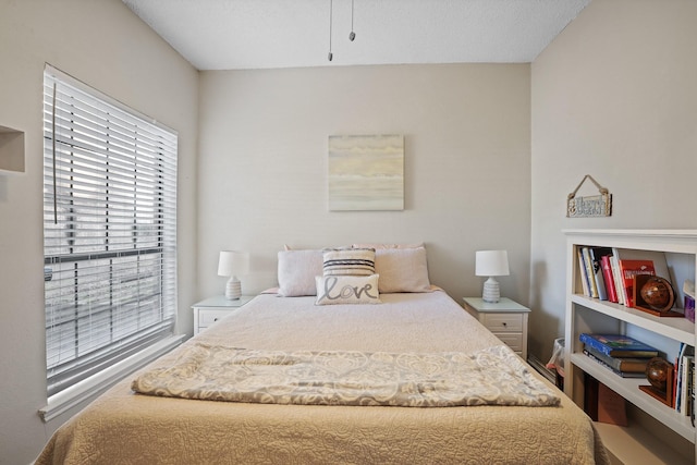 bedroom featuring a textured ceiling and multiple windows