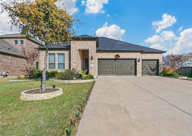 view of front of house with a front yard and a garage