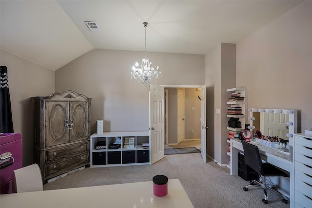 office with light colored carpet, lofted ceiling, and an inviting chandelier