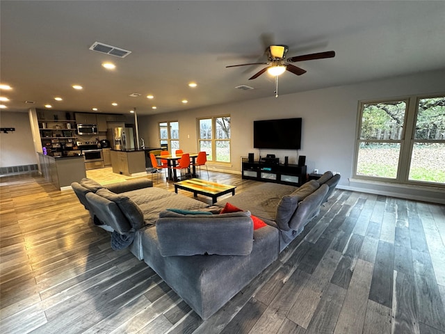 living room with hardwood / wood-style flooring and ceiling fan