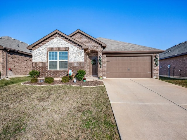 single story home with a garage and a front yard