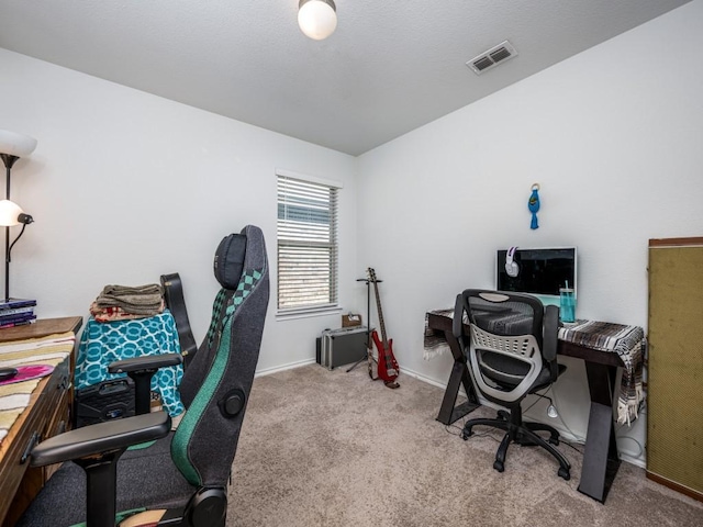 home office with light colored carpet