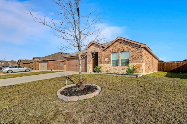 single story home featuring a front yard and a garage