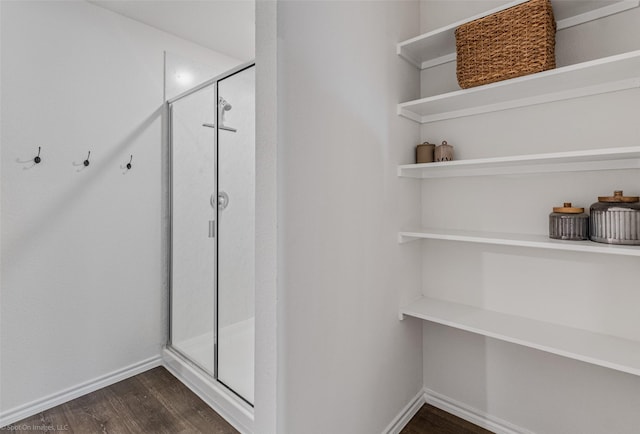 interior space featuring hardwood / wood-style flooring and walk in shower