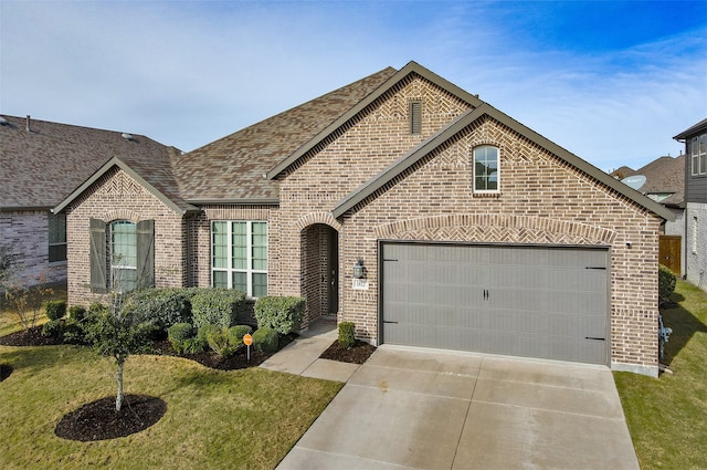 view of front of property featuring a front yard and a garage