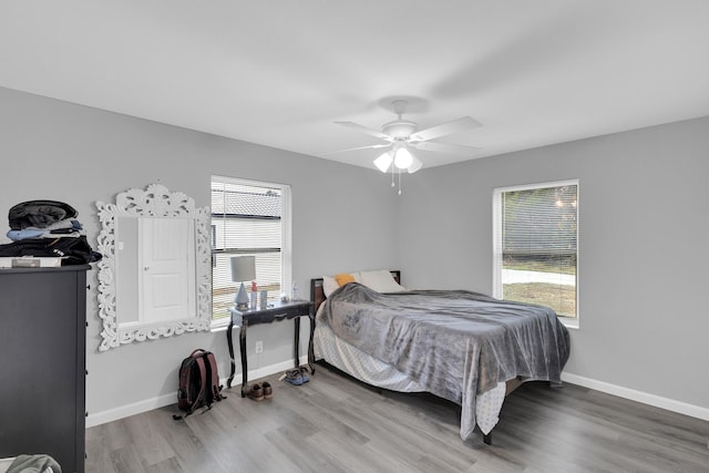 bedroom with multiple windows, hardwood / wood-style floors, and ceiling fan