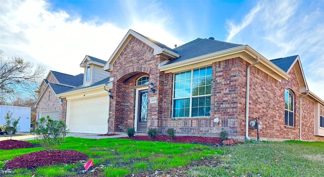 view of front facade featuring a front lawn and a garage