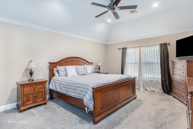 bedroom featuring ceiling fan, crown molding, light carpet, and lofted ceiling