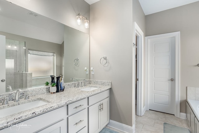 bathroom with plus walk in shower and vanity