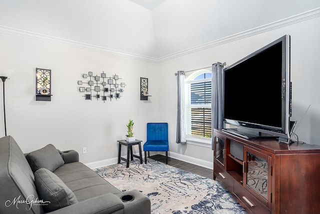 living room with crown molding and dark hardwood / wood-style floors