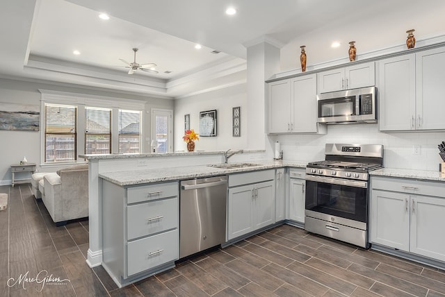 kitchen featuring sink, dark hardwood / wood-style floors, ceiling fan, appliances with stainless steel finishes, and kitchen peninsula