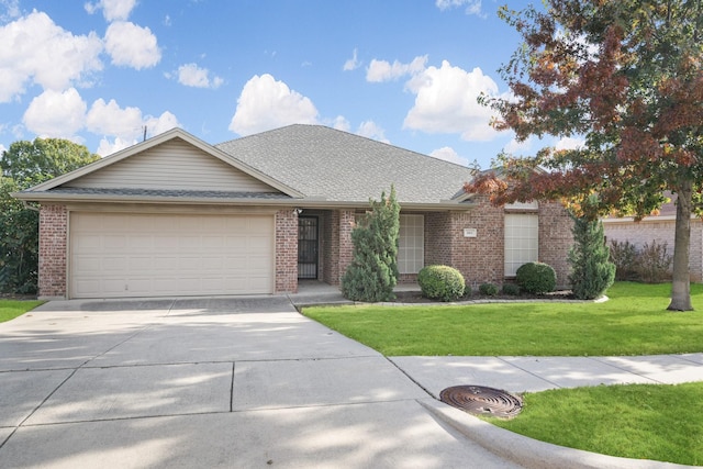 ranch-style house with a front lawn and a garage