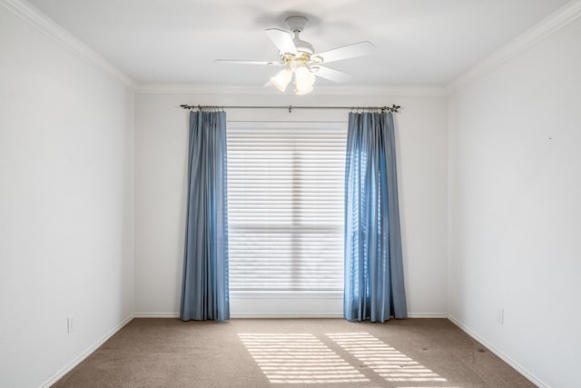 carpeted spare room with ceiling fan and ornamental molding