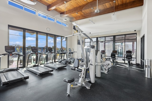 exercise room with plenty of natural light and wooden ceiling