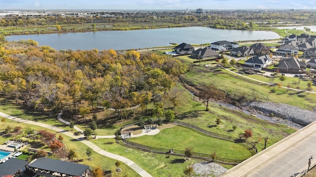 drone / aerial view with a water view