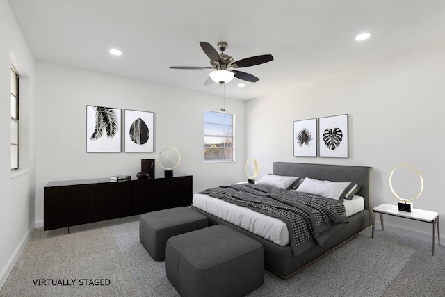 carpeted bedroom with baseboards, a ceiling fan, and recessed lighting