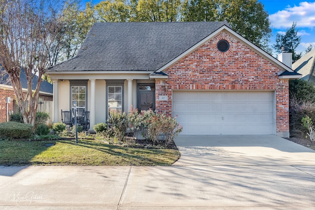 front facade featuring a garage, a porch, and a front lawn