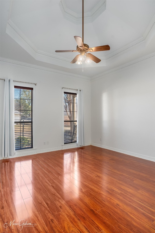 spare room featuring a raised ceiling, crown molding, plenty of natural light, and hardwood / wood-style flooring