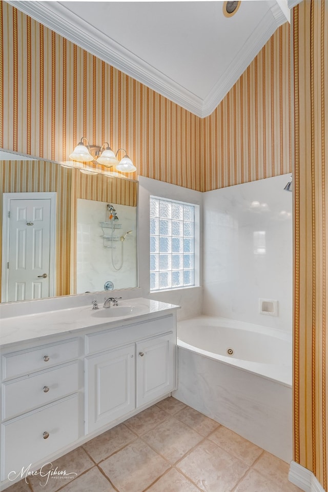 bathroom with tile patterned flooring, a bath, vanity, and ornamental molding