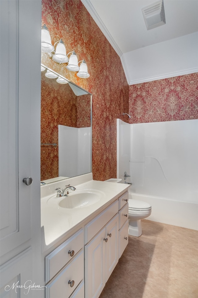 full bathroom with crown molding, shower / bathtub combination, vanity, and toilet