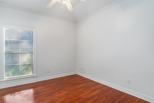 unfurnished room featuring crown molding, hardwood / wood-style floors, and ceiling fan