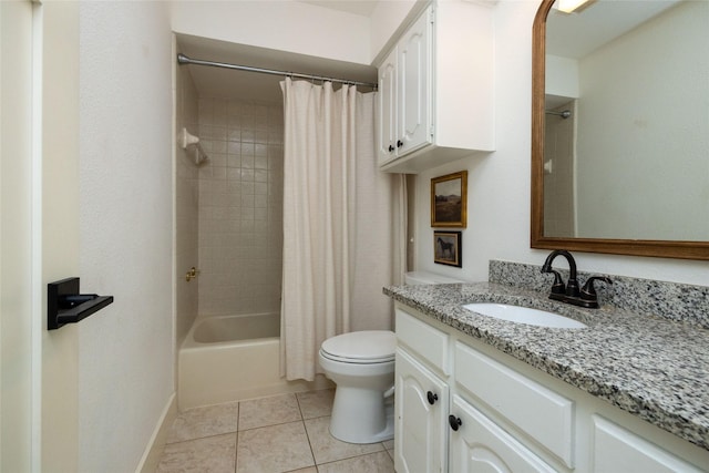 full bathroom with shower / bath combo with shower curtain, toilet, vanity, and tile patterned flooring