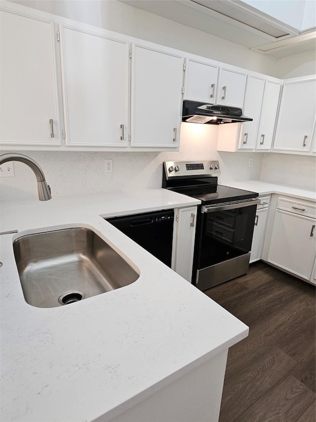 kitchen featuring white cabinetry, stainless steel electric range oven, dishwasher, and sink