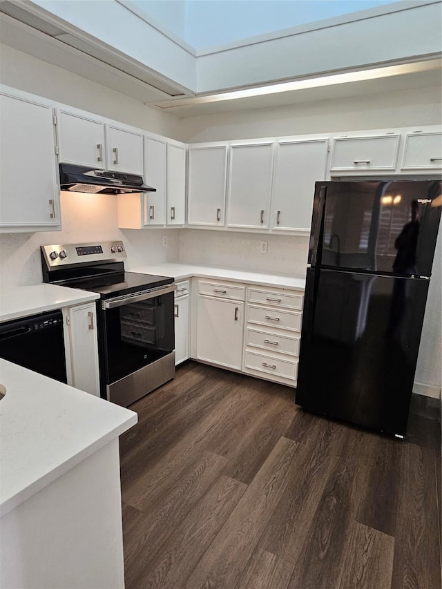 kitchen with white cabinets, dark hardwood / wood-style flooring, and black appliances