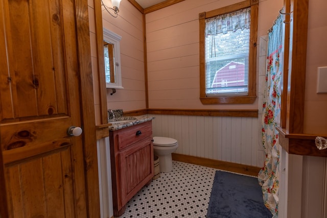 bathroom with vanity, toilet, and wood walls