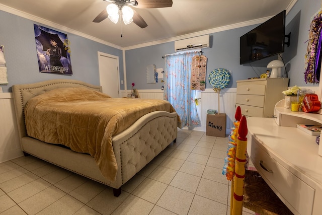 tiled bedroom featuring ceiling fan, ornamental molding, and a wall unit AC