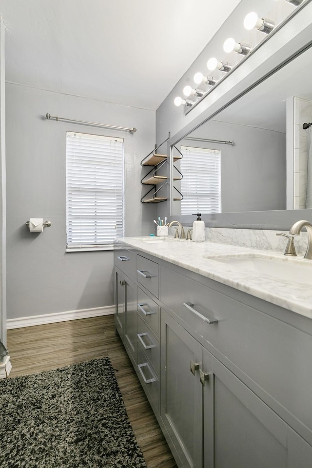 bathroom with hardwood / wood-style floors, vanity, and a healthy amount of sunlight