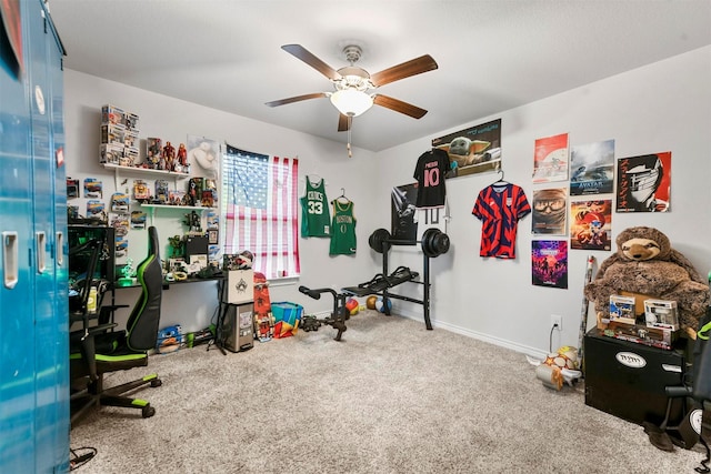 game room featuring carpet flooring and ceiling fan