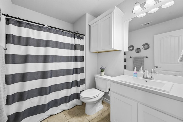 bathroom with tile patterned floors, vanity, toilet, and a shower with shower curtain