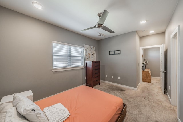 carpeted bedroom with recessed lighting, ceiling fan, and baseboards