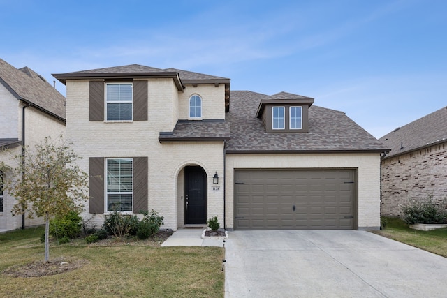 view of front of home with a garage and a front lawn