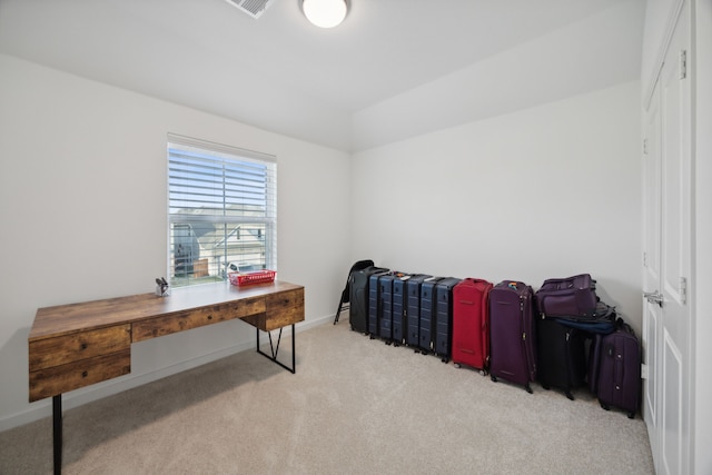 bedroom with light carpet