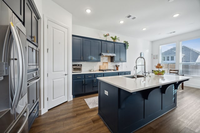 kitchen featuring sink, dark wood-type flooring, stainless steel appliances, tasteful backsplash, and a kitchen island with sink