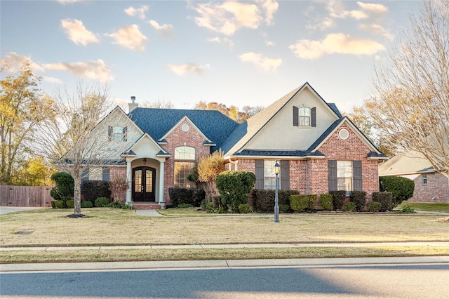 front facade with a front yard and french doors