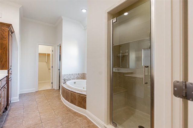 bathroom with separate shower and tub, crown molding, tile patterned floors, and vanity