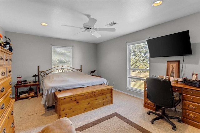 3529 Bennett Ln, Sherman, TX 75092 - bedroom featuring ceiling fan, visible vents, recessed lighting, light carpet, and baseboards