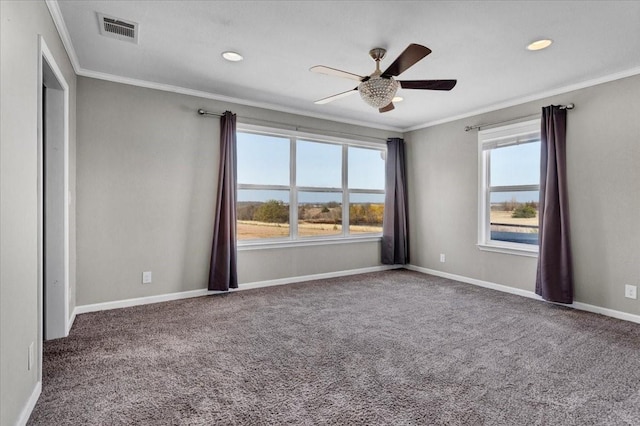 3529 Bennett Ln, Sherman, TX 75092 - carpeted empty room with baseboards, recessed lighting, crown molding, a ceiling fan, and visible vents