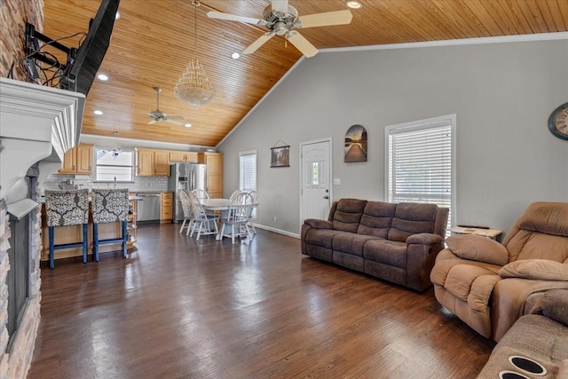 living room featuring wood ceiling, ceiling fan, high vaulted ceiling, and dark wood-type flooring