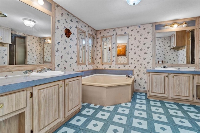 bathroom with a washtub, vanity, and a textured ceiling