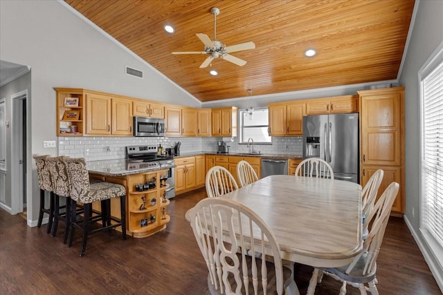 3529 Bennett Ln, Sherman, TX 75092 - dining room featuring a ceiling fan, vaulted ceiling, visible vents, wooden ceiling, and dark wood-style flooring