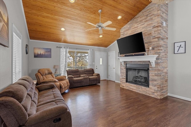 living room with wood ceiling, ceiling fan, dark wood-type flooring, high vaulted ceiling, and a fireplace