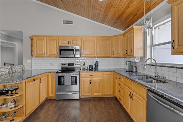 3529 Bennett Ln, Sherman, TX 75092 - kitchen featuring wooden ceiling, crown molding, lofted ceiling, stainless steel appliances, and a sink
