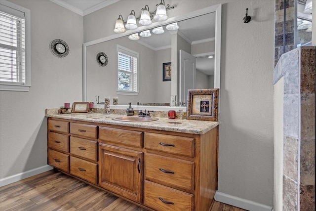 bathroom featuring vanity, hardwood / wood-style floors, and crown molding