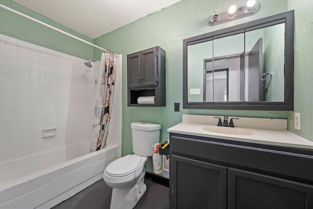 full bathroom with vanity, toilet, and shower / tub combo with curtain